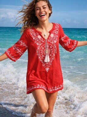 Venus Boho Embroidered Tunic Dress | Tassel Tie Neck | Beach Cover Up | Resort